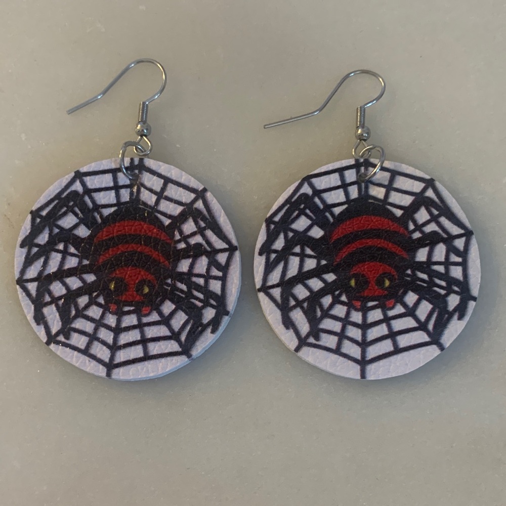 Spider Web Earrings with Red and Black Design